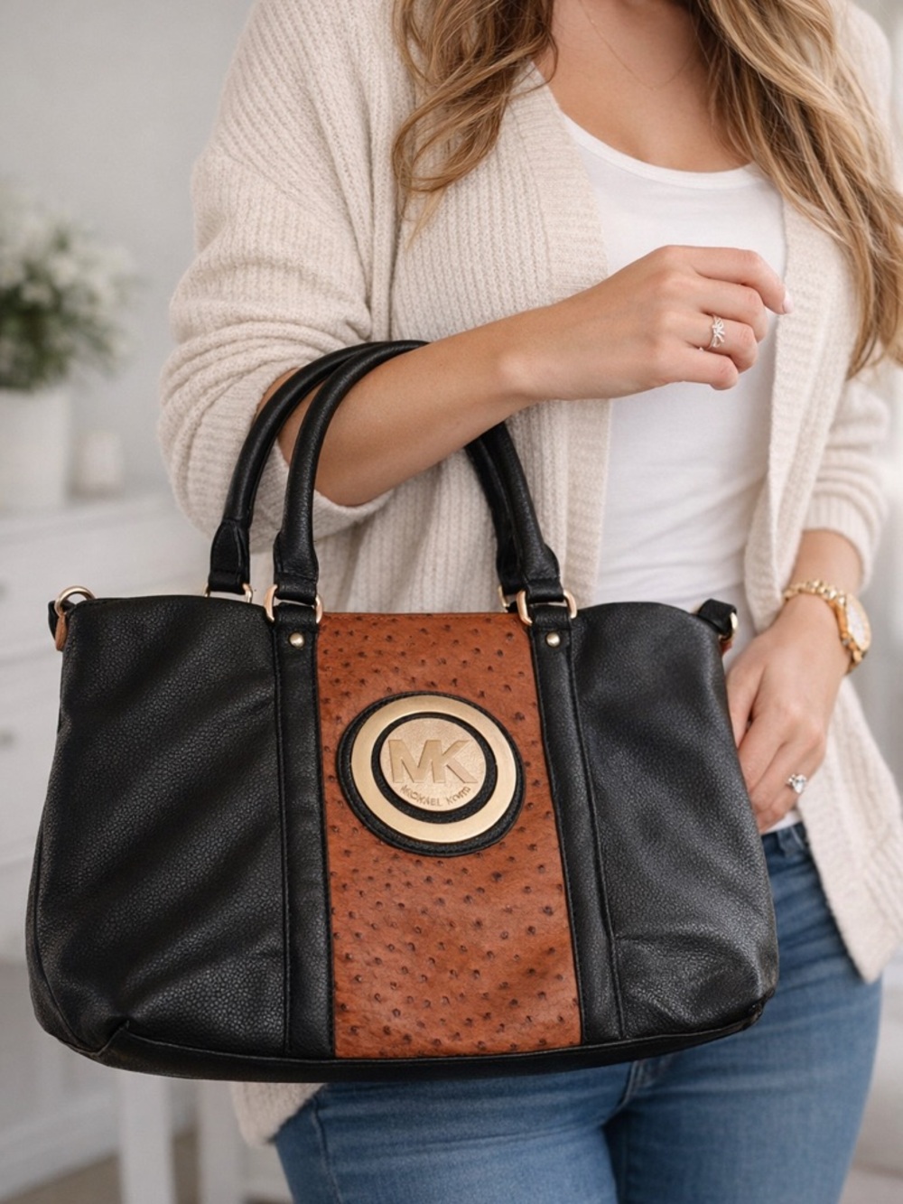 Michael Kors MK Logo Satchel Black Brown Ostrich Embossed Colorblock Bag